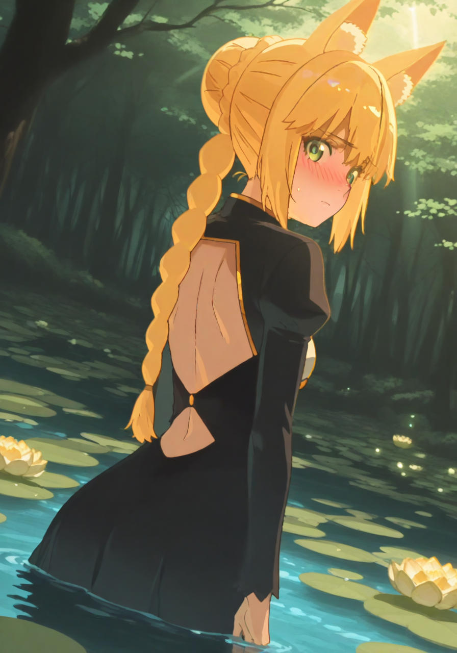 21556-840636550-1girl, animal ears, back cutout, blonde hair, blush, braid, closed mouth, clothing cutout, dappled sunlight, forest, from behind.png
